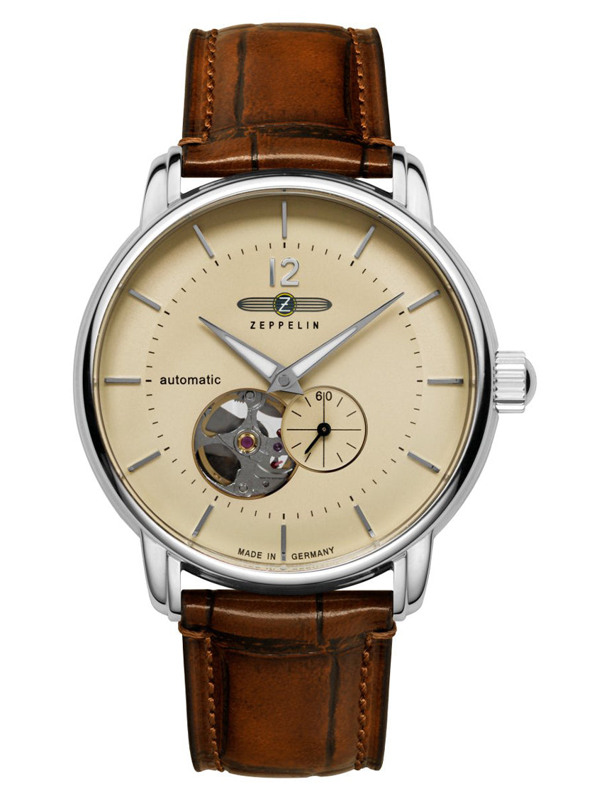 Zeppelin 8166-1 Automatic open heart watch with beige dial and brown leather strap made in Germany 