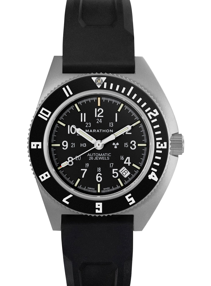 Marathon Swiss 41MM STEEL NAVIGATOR W/ DATE AUTOMATIC (SSNAV-D AUTO) ON BLACK 3-PIECE RUBBER STRAP KIT - WW194030SS-0130